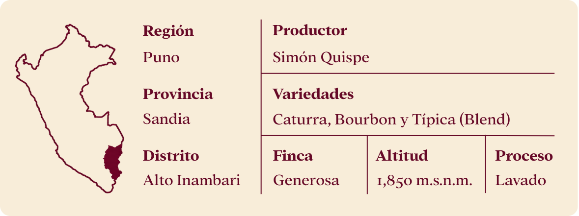Ficha técnica: Región Puno, Provincia Sandia, Distrito Alto Inambari, Productor Simón Quispe, Variedades Caturra, Bourbon y Típica, Finca Generosa, Altitud 1,850 m.s.n.m., Proceso Lavado
